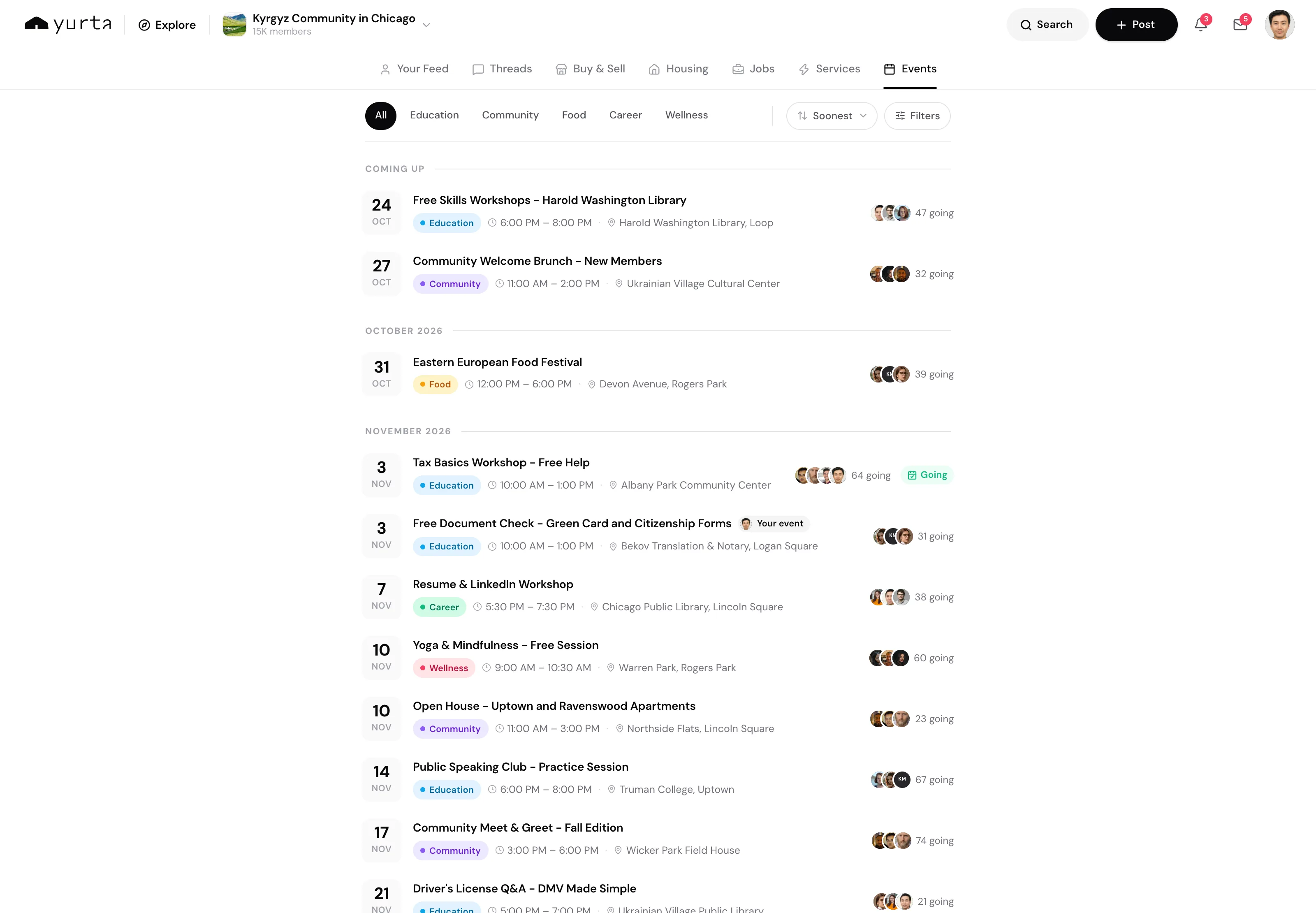 Yurta events tab listing upcoming community events by month