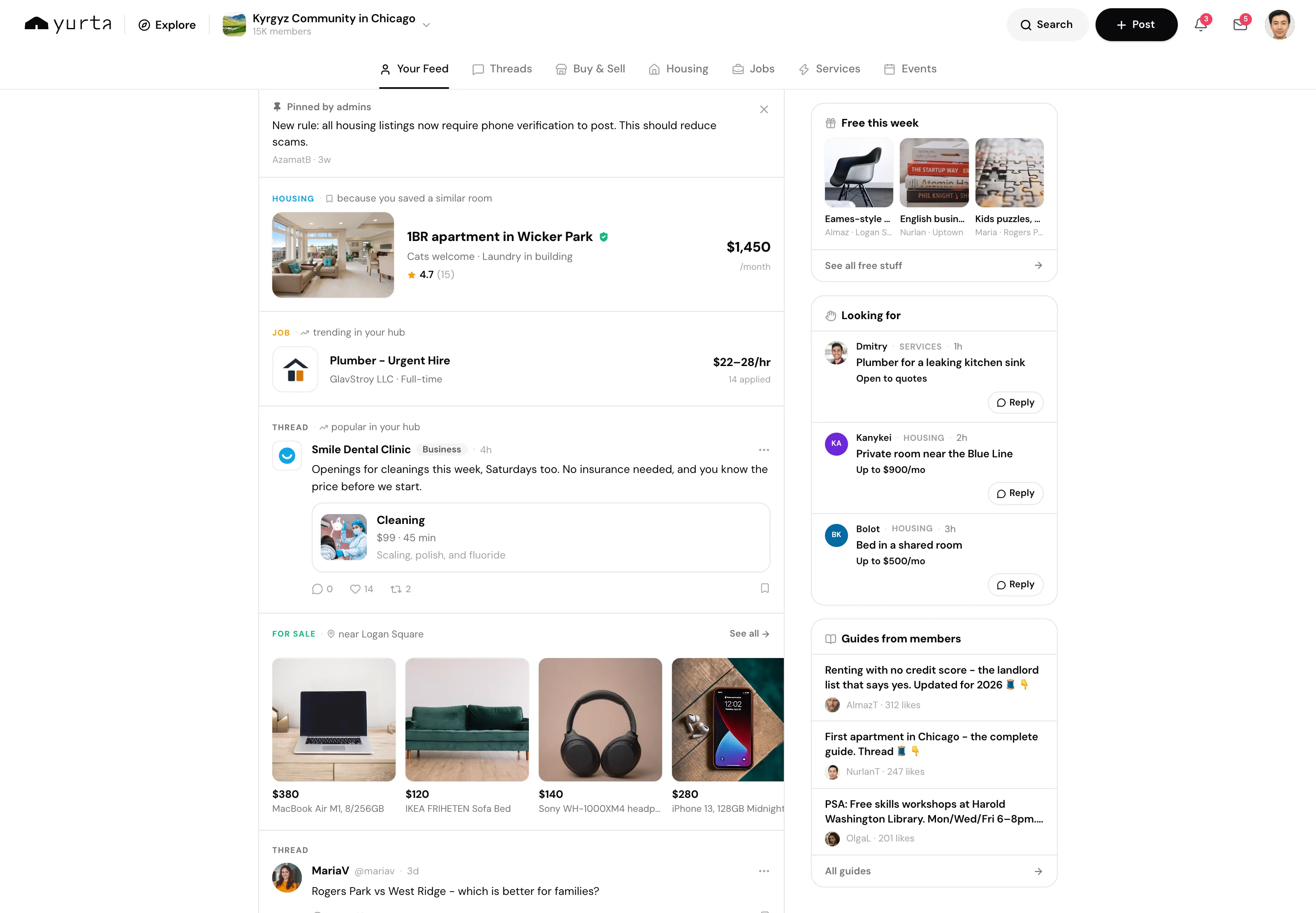 Yurta desktop app showing a community hub feed with housing, job, and thread updates