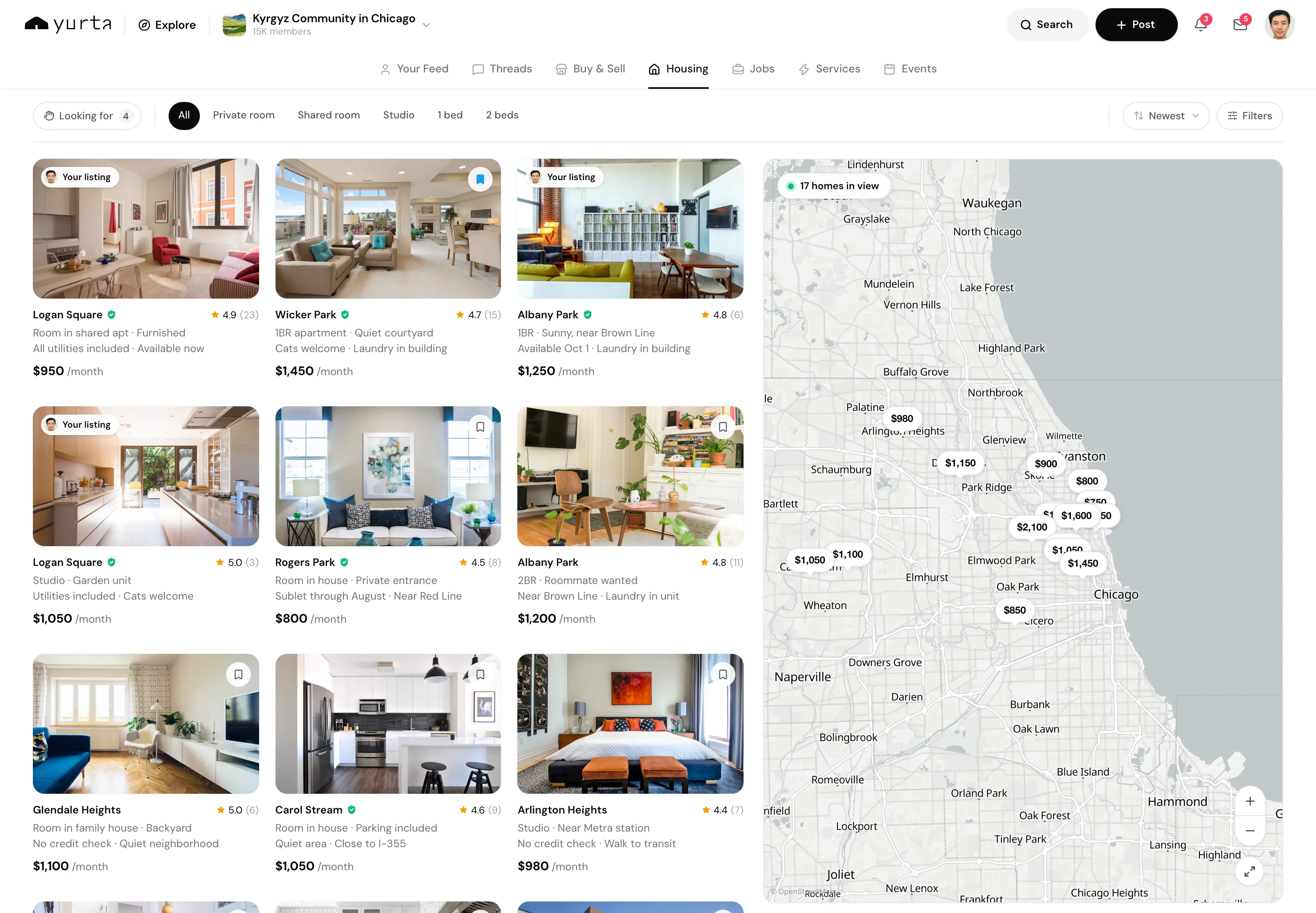 Yurta housing tab with filterable listings beside a map of Chicago