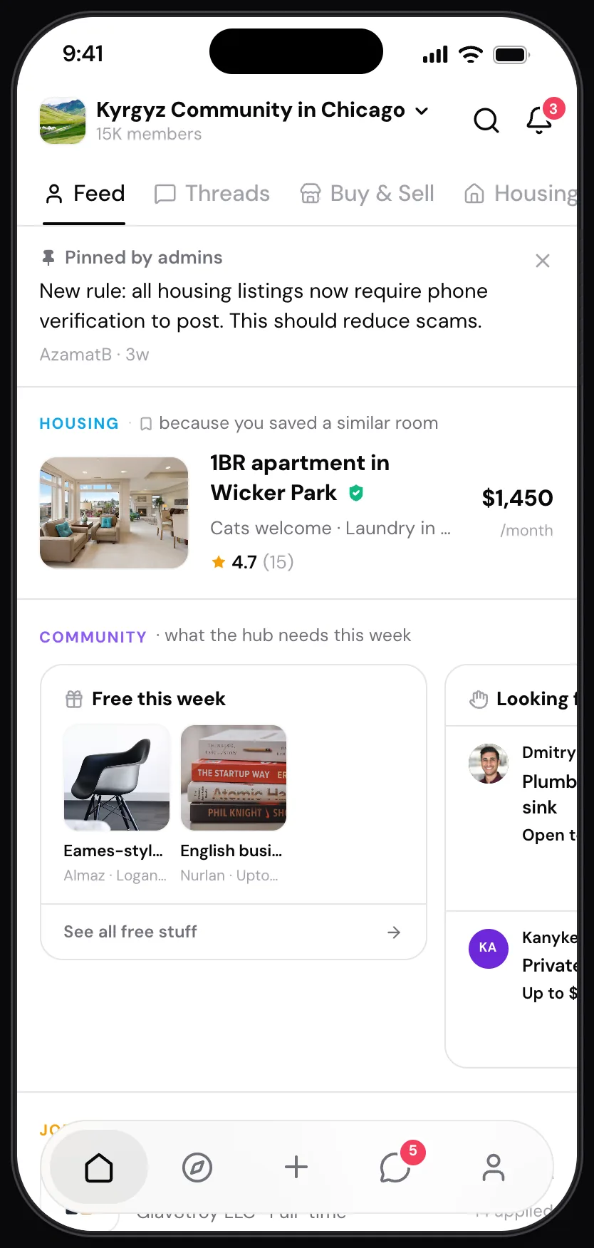 Yurta mobile app showing the community feed on a phone