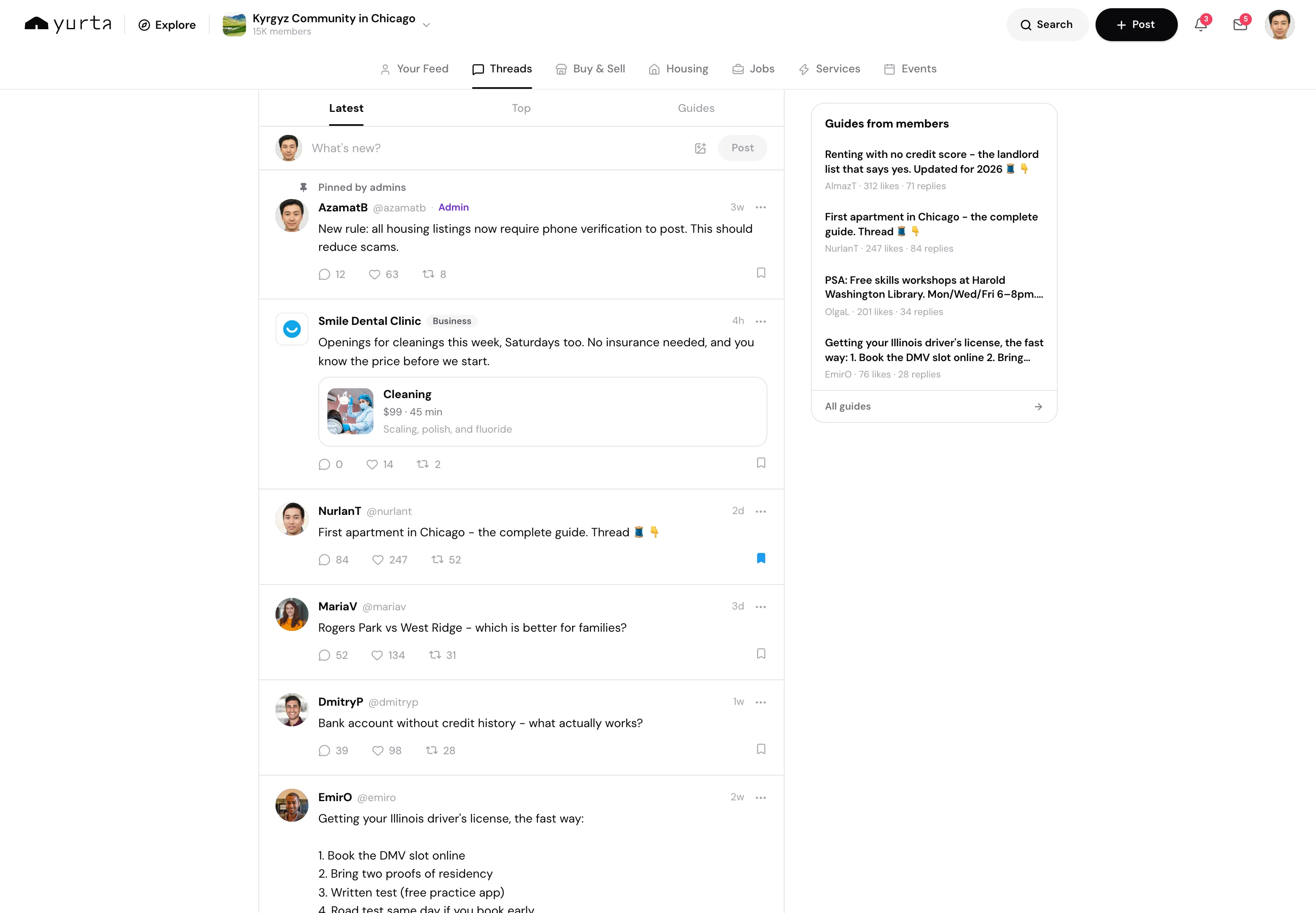 Yurta threads tab with community guides and trending topics